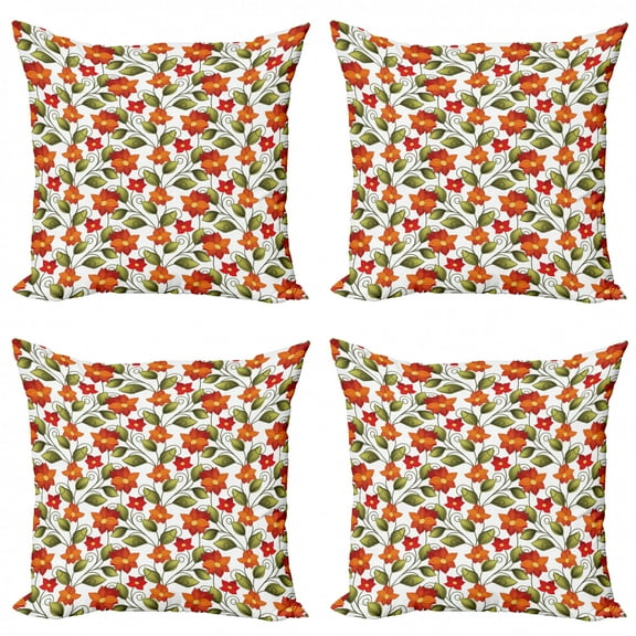 Ambesonne Floral Throw Pillow Cover 4 Pack, Boho Herbs Lily Nature, 24", Olive Green Orange White