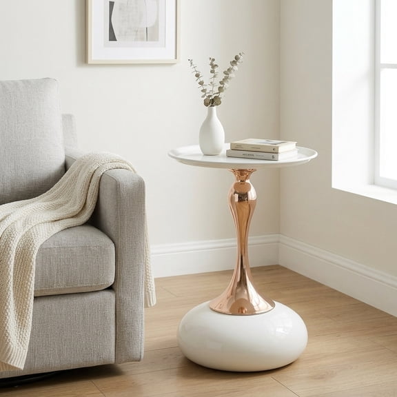 Small Round Side Table - White Metal End Table for Living Room & Small Spaces