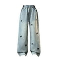 thumbnail image 4 of KAUOD Girls Cute Bow Knot Print Rhinestone Jeans Wide Straight Leg Elastic High Waist Baggy Denim Pants Cargo Y2k Streetwear, 4 of 7