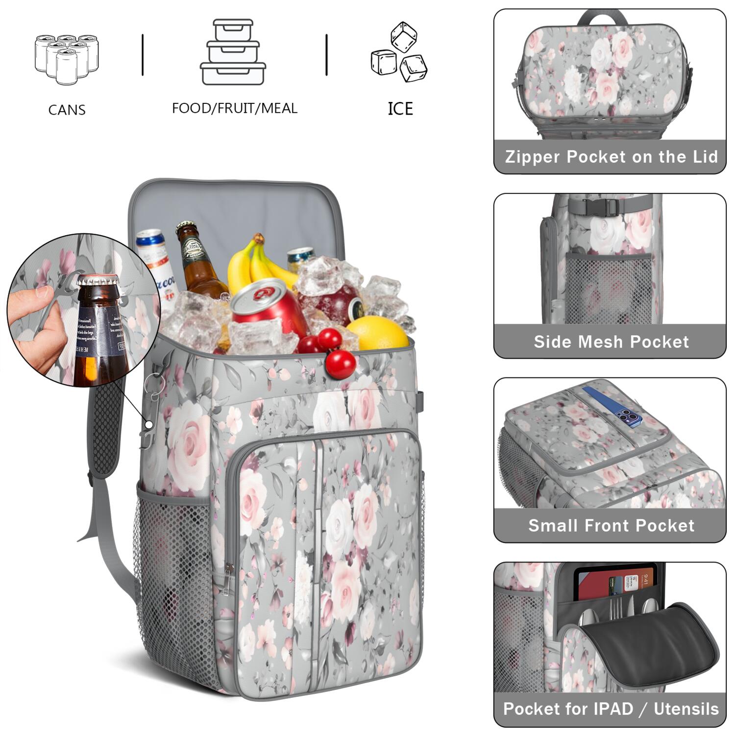 Travel Cooler Bag - Pioneer Flower Floral Print Pattern Camping Beer Cooler Backpack with Bottle Opener- Waterproof Insulated Picnic Backpacks - Cooler Bag for Beach
