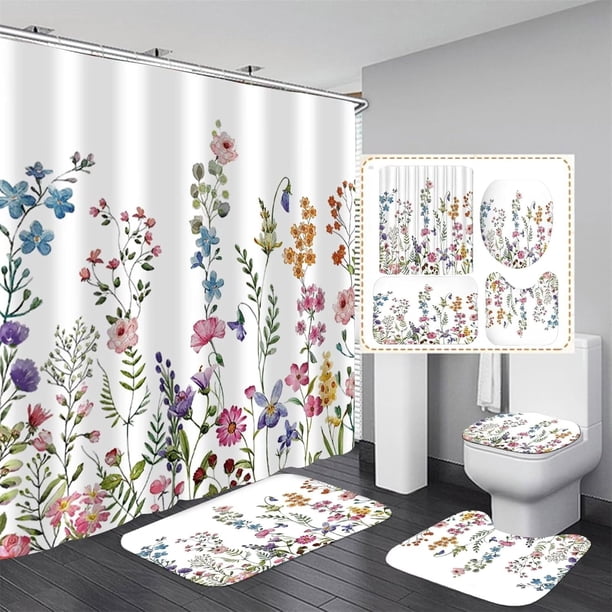Juego de 4 cortinas de ducha con diseño de flores, alfombrillas antideslizantes, tapa de inodoro y alfombrilla de baño, cortina de ducha con diseño floral colorido con 12 ganchos, cortina de baño