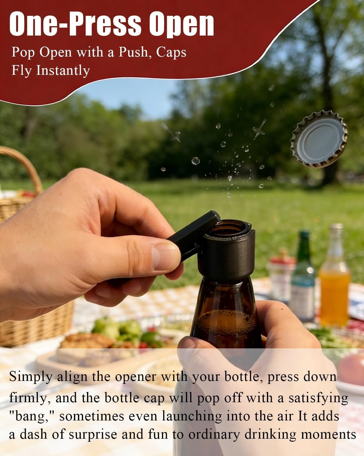 Bottle Cap Launcher with Opener - 3D Printed Push Down Bottle Opener That Shoots Caps, Funny Beer Opening Tool for Party, Home Bar, Picnic, Camping & Kitchen, Novelty Gift for Men