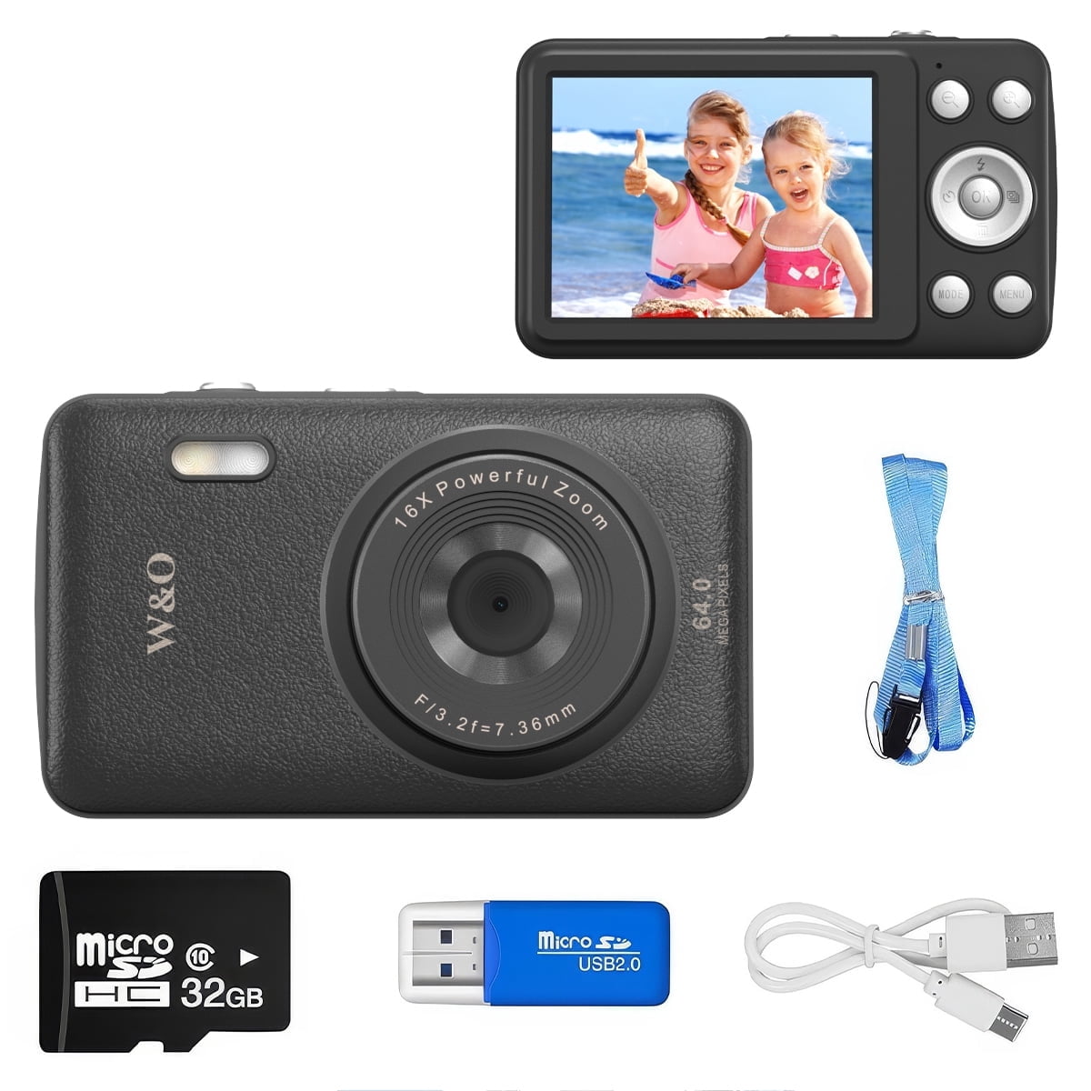 W & O Q3 Portable 16x Digital Zoom 48 MP CCD Point & Shoot Digital Camera with 32GB SD Card, Black