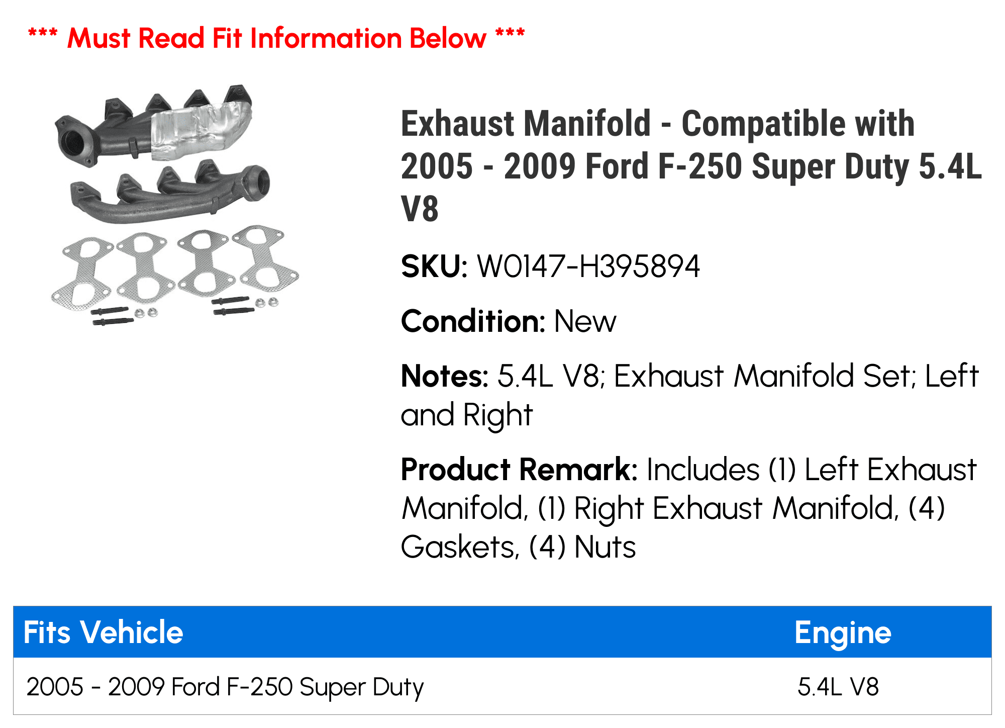 Exhaust Manifold Set of 2 - Compatible with 2005 - 2009 Ford F-250 Super Duty 5.4L V8 2006 2007 2008