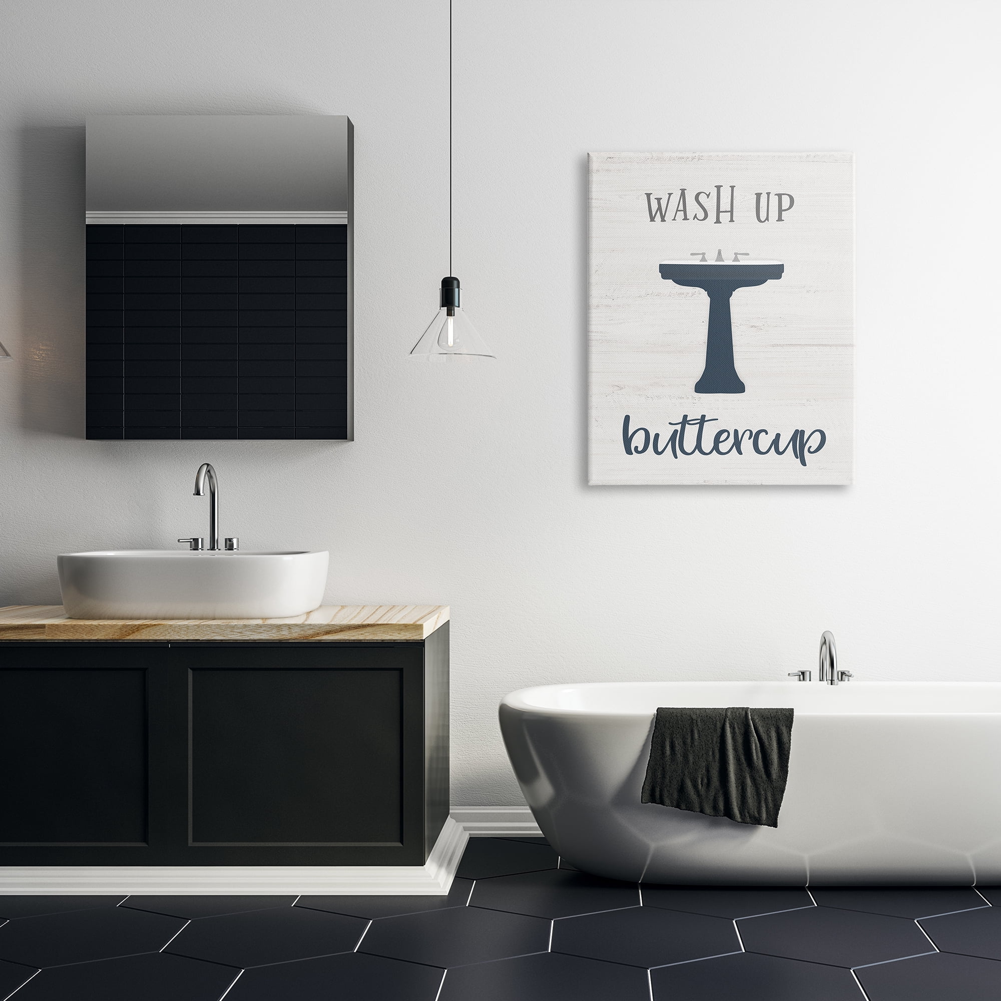 Design by Natalie Carpentieri Wash Up Buttercup Phrase Good Hygiene Bathroom 30 in x 40 in Painting Canvas Art Print, by Stupell Home Décor