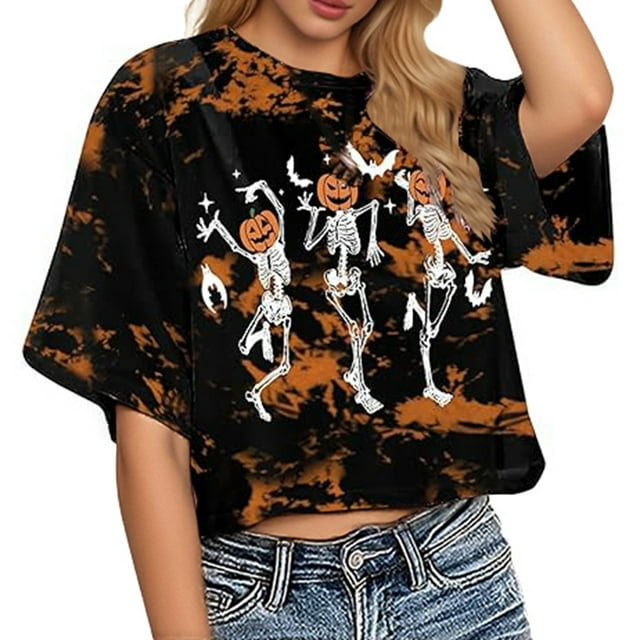 HUITKMM T-Shirt en Coton pour Femmes, Mode Décontractée, Imprimé Halloween, Manches Courtes