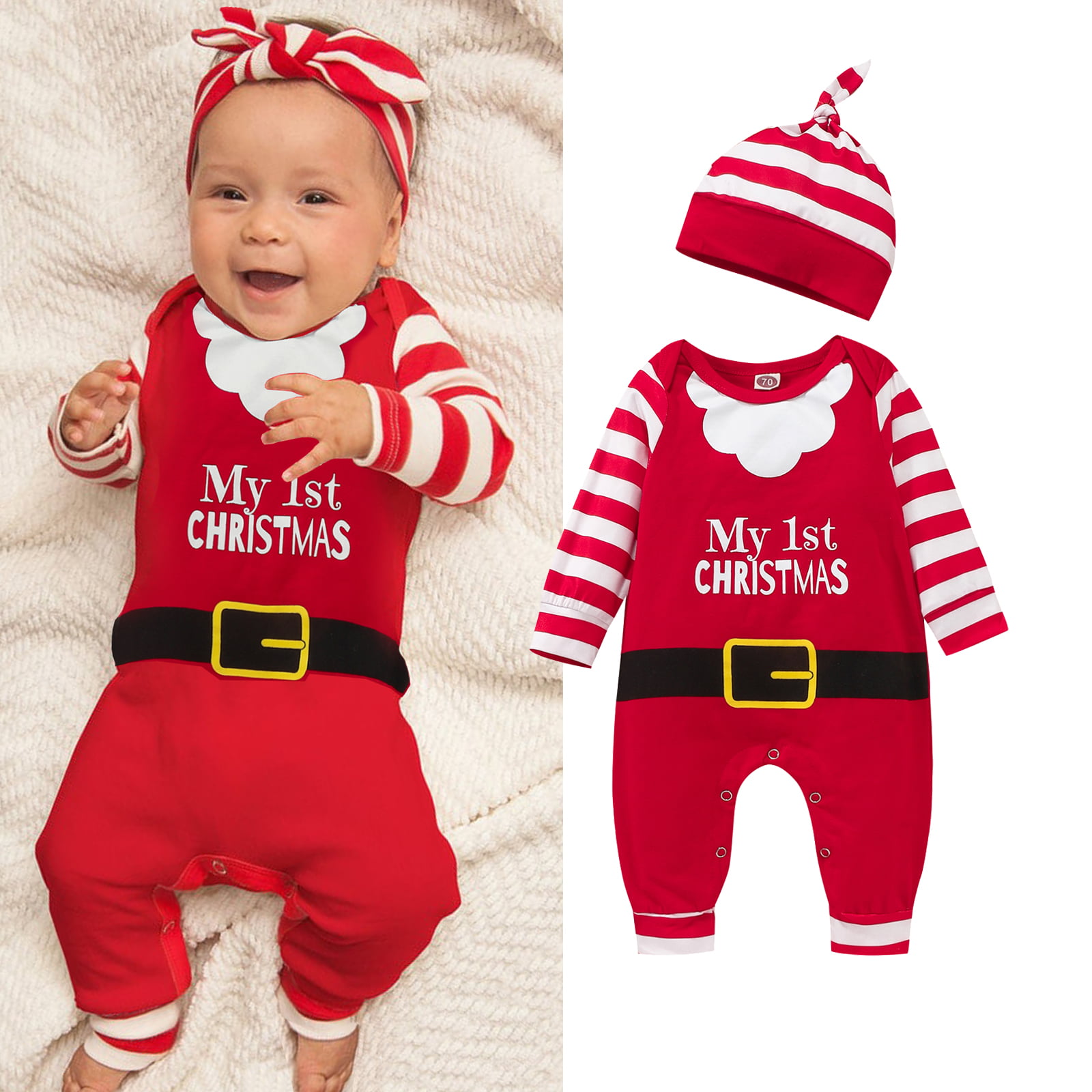 2PCS Unisex Baby First Christmas Santa Claus Striped Romper Jumpsuits with Hats Xmas Clothing Sets