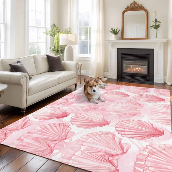 6'x9' Area Rugs, Pink Shell Coastal Indoor Outdoor Area Rug for Living Room Bedroom, Nautical Ocean Summer Beach Sea Washable Bathroom Rugs Kitchen Floor Carpet Mats Home Decor Aesthetic