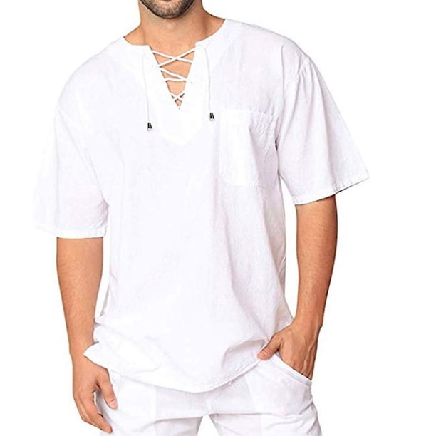 Camiseta de manga corta con aspecto de lino y algodón para hombre, informal, holgada, con cuello en V y cordones