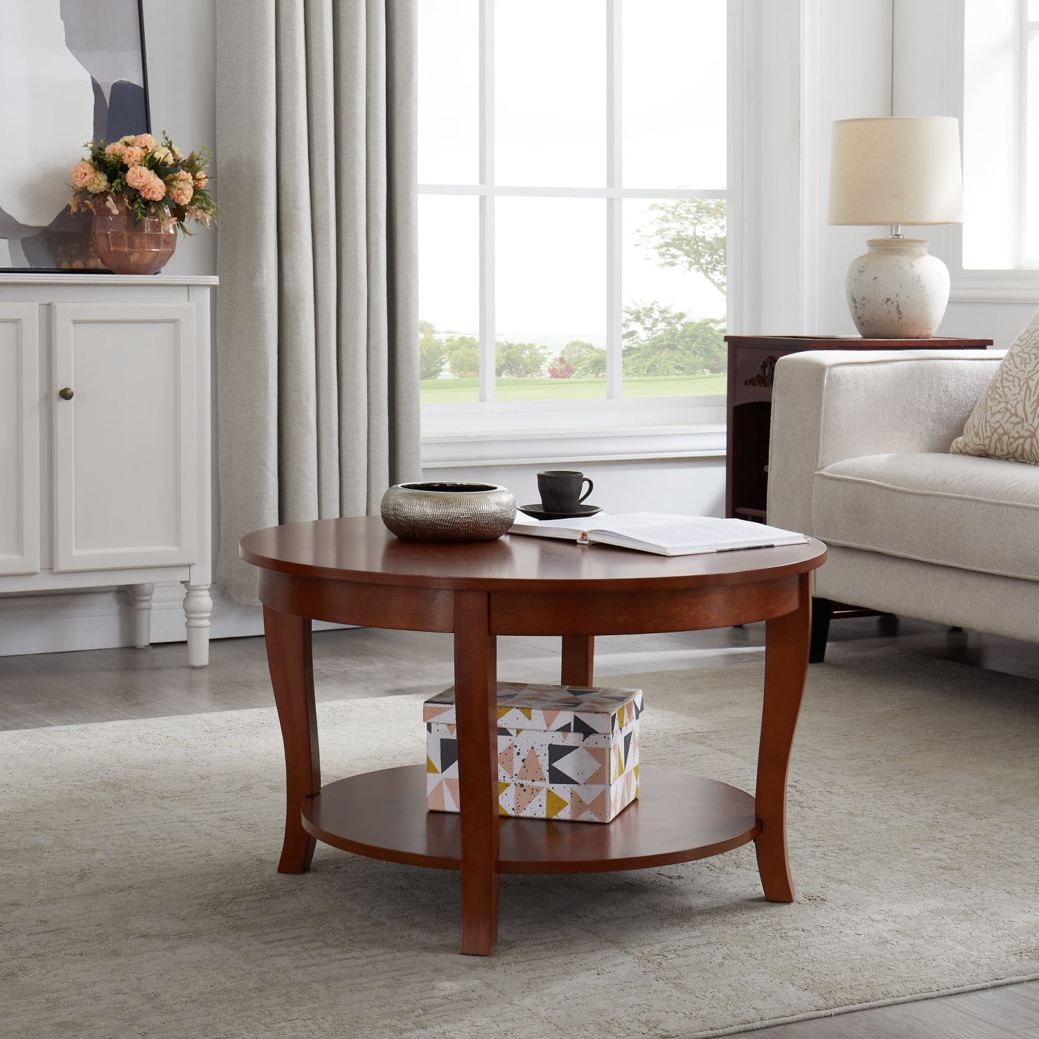 Traditional Round Coffee Table with Open Storage Shelf