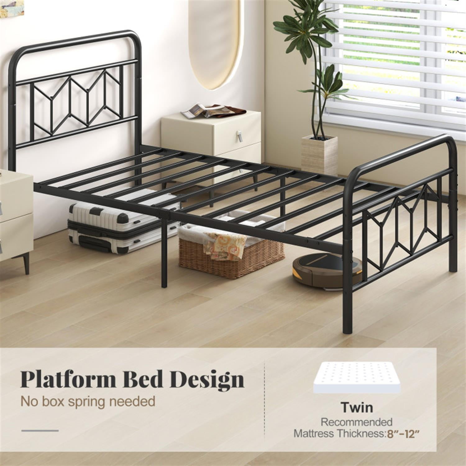 Demi Bonn Twin Size Bed Frame with High Headboard and Snap Lock Metal Slats, Platform Bed Frame with Under Bed Storage, No Box Spring Needed, Black