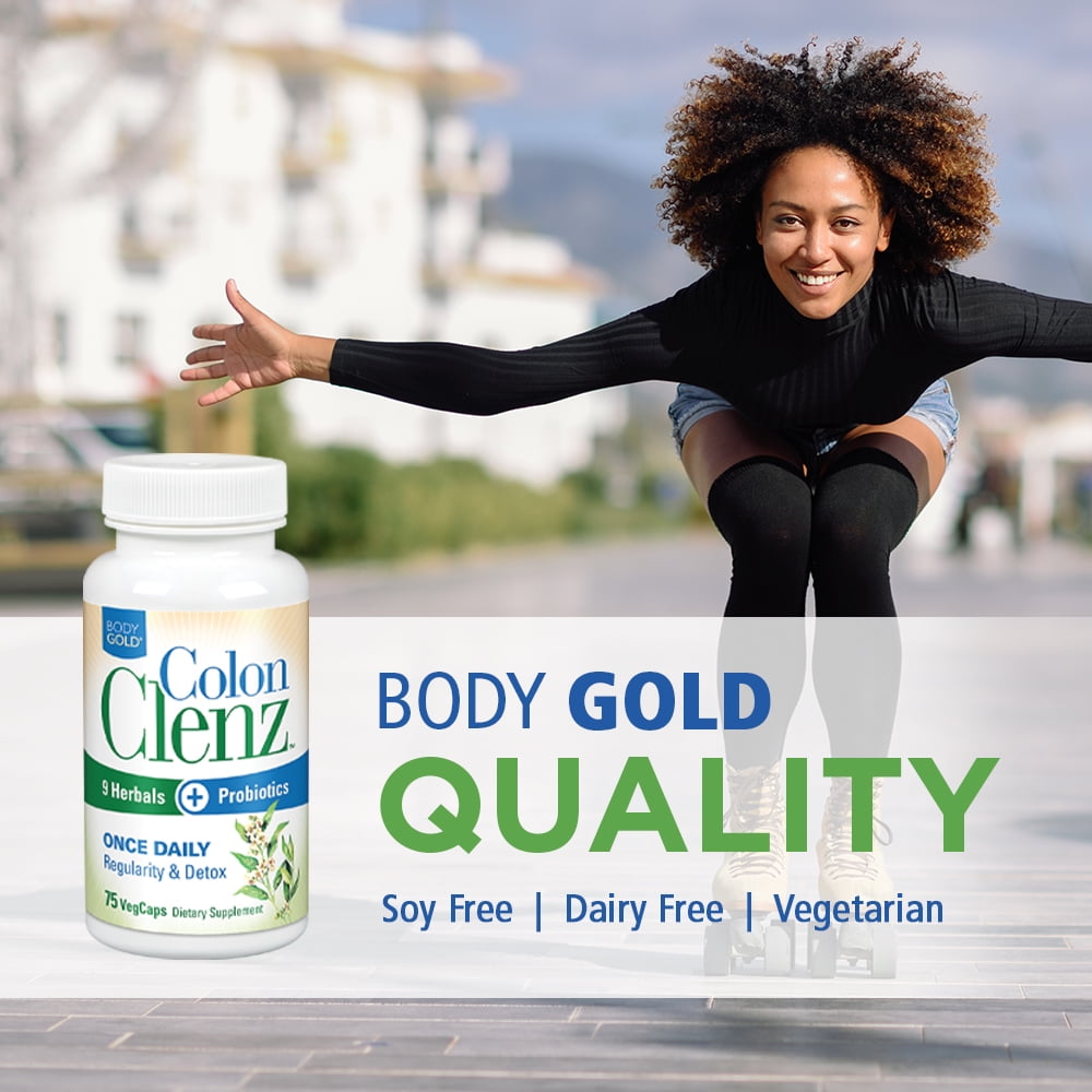 BodyGold Colon Clenz Regularity & Detox Formula | Once Daily Support with 9 Herbs + Active Probiotics | 75 CT