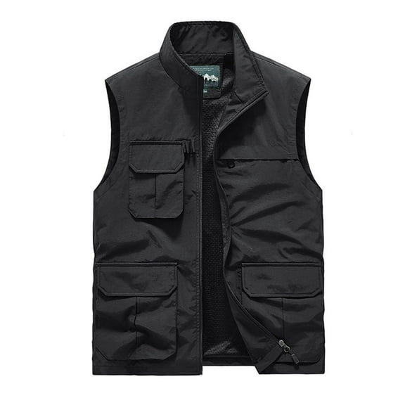 Lilgiuy Men's Utility Vest Casual Solid Color Standing Collar Multiple Pockets Vest Jacket Coat for Outdoor Fishing Photography Black