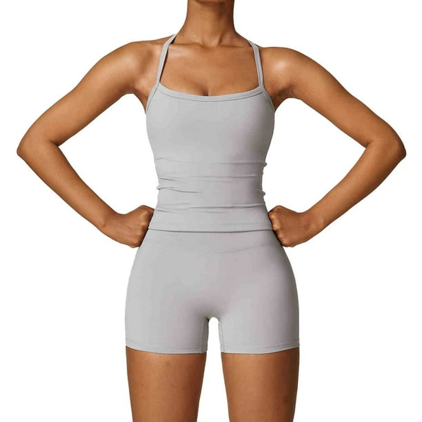 Conjunto de yoga de 2 piezas para mujer: camiseta sin mangas con espalda descubierta y pantalones cortos. Tejido transpirable, tirantes modernos, ideal para fitness/verano, varias tallas.