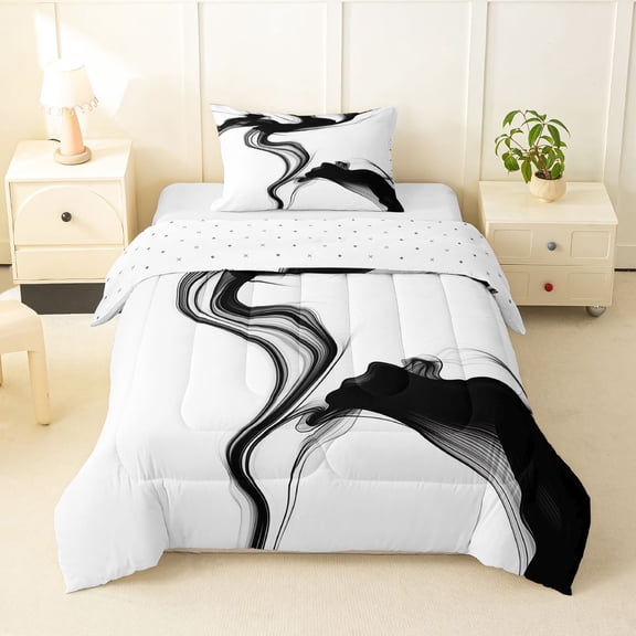 Homewish Abstract Fluid Ink Twin Comforter Sets,Contemporary Art Bedding Set,Black,Reversible,2-Piece,1 Comforter and 1 Pillowcase