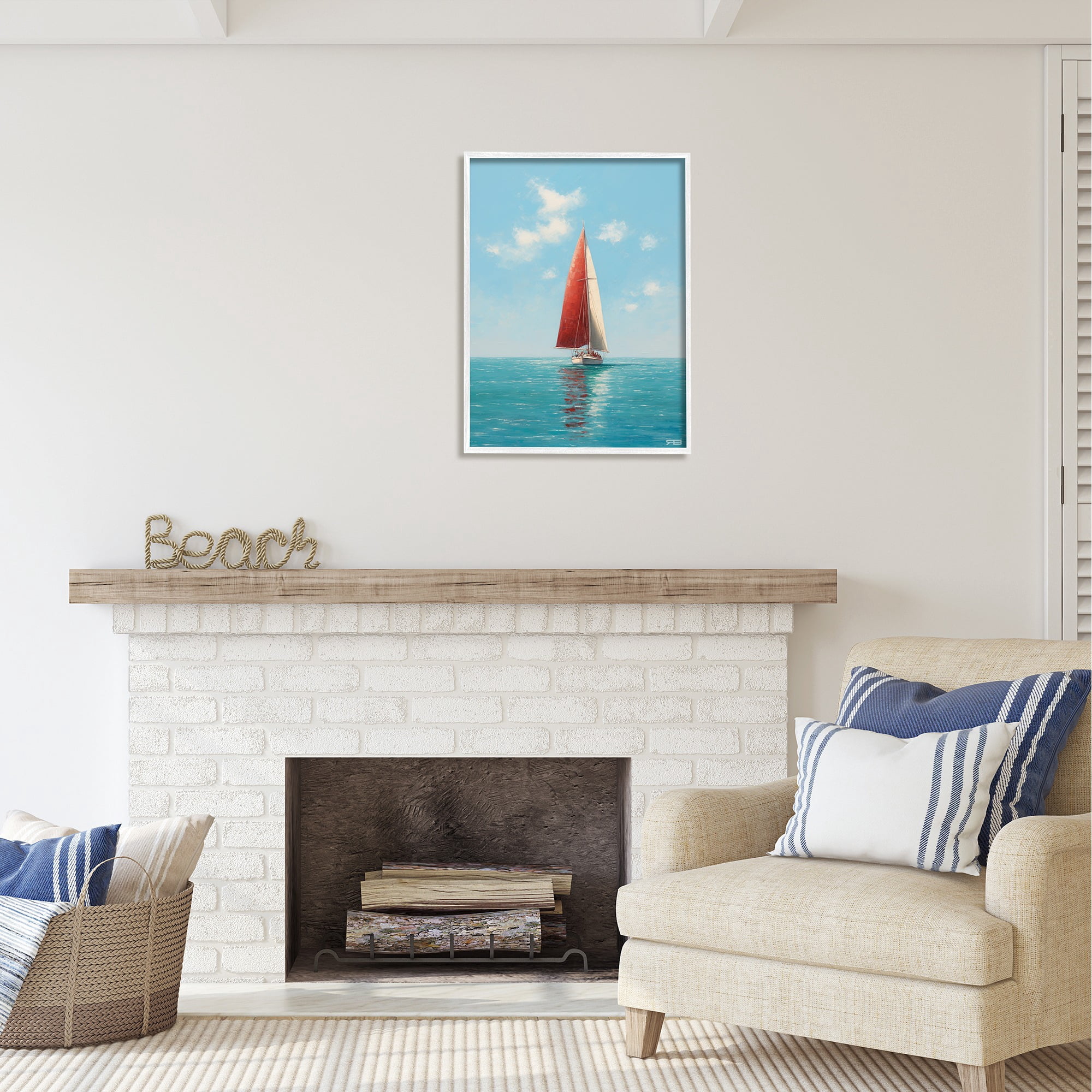 Stupell Industries Red Sailboat on Sea Transportation Painting White Framed Art Print Wall Art, 24 x 30