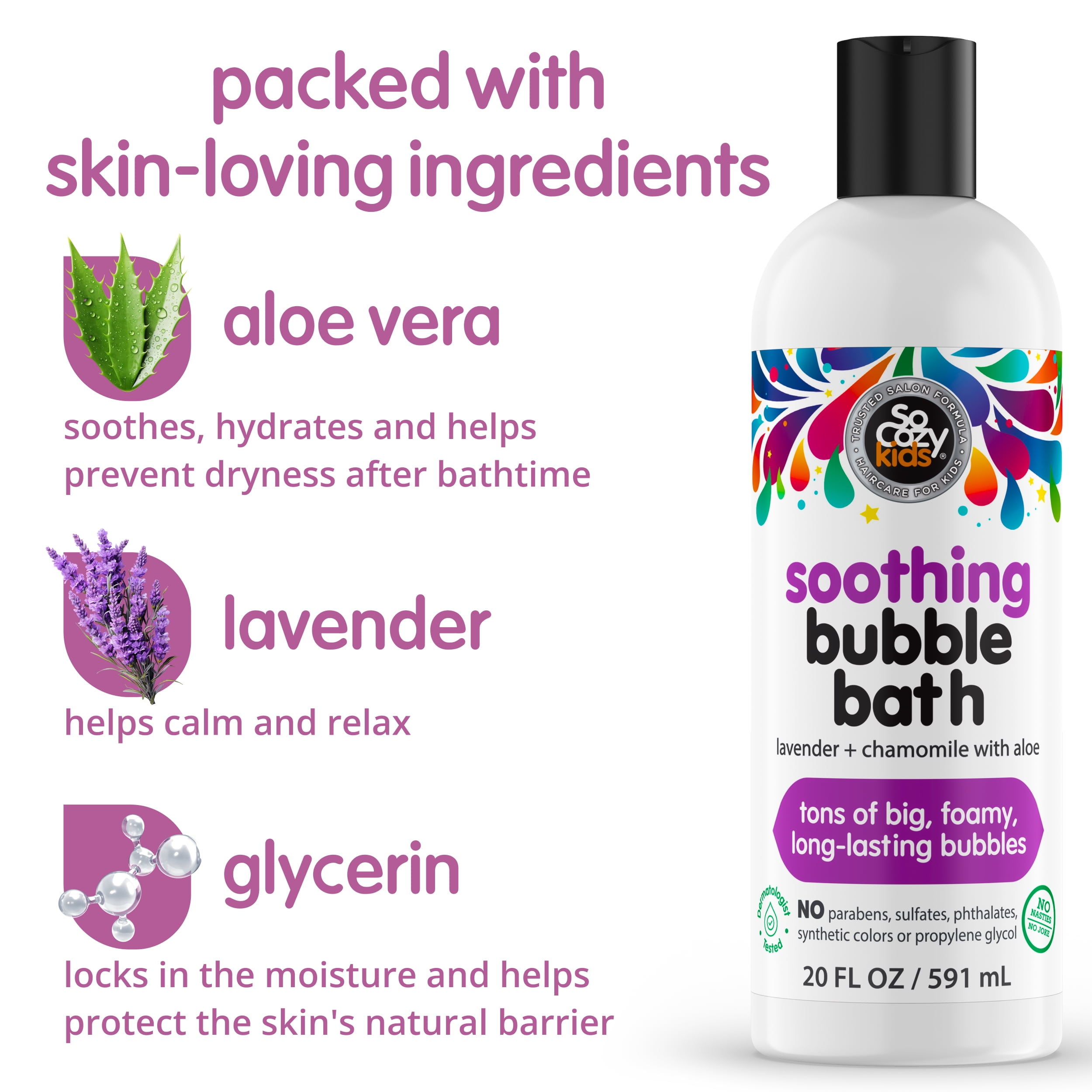 SoCozy Kids Gentle Bubble Bath and Body Wash, Lavender & Chamomile, 20 Fl Oz