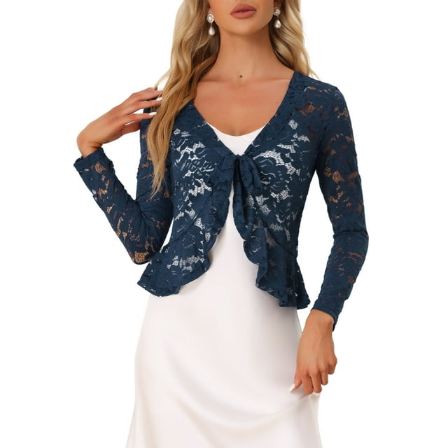 INSPIRE CHIC Women's Floral Lace Cardigans Tie Front Ruffled Hem Sheer Crop Bolero Shrug L Dark Blue