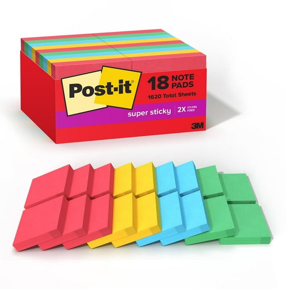 Post-it Super Sticky Notes 2" x 2" Playful Primaries Collection 90 Sheets/Pad 18/Pads