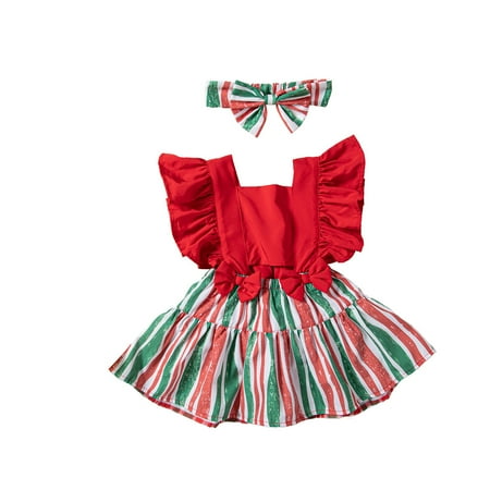 

KBKYBUYZ Infant Girls Ruffled Striped Printed Bow Casual Bodysuit Bodysuit Dress Casual Clothes With Hairband 6 Months - 2 Years On Sale
