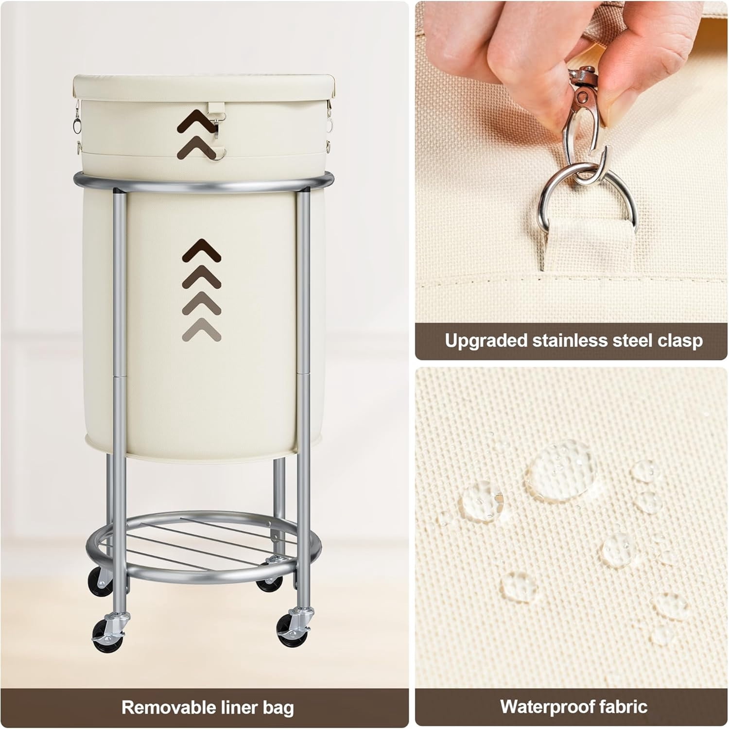 Laundry Hamper with Wheels, 110L Rolling Laundry Basket, Round Laundry Cart with Steel Frame and Removable Bag, 4 Casters and 2 Brakes, Dirty Clothes Hamper for Hotel, Home, Closet, Dorm