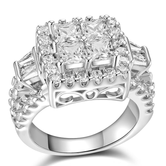 SFTING Rings for Women Silver Plated Princess Cut Engagement Rings for Women 5A CZ Cross Size 7