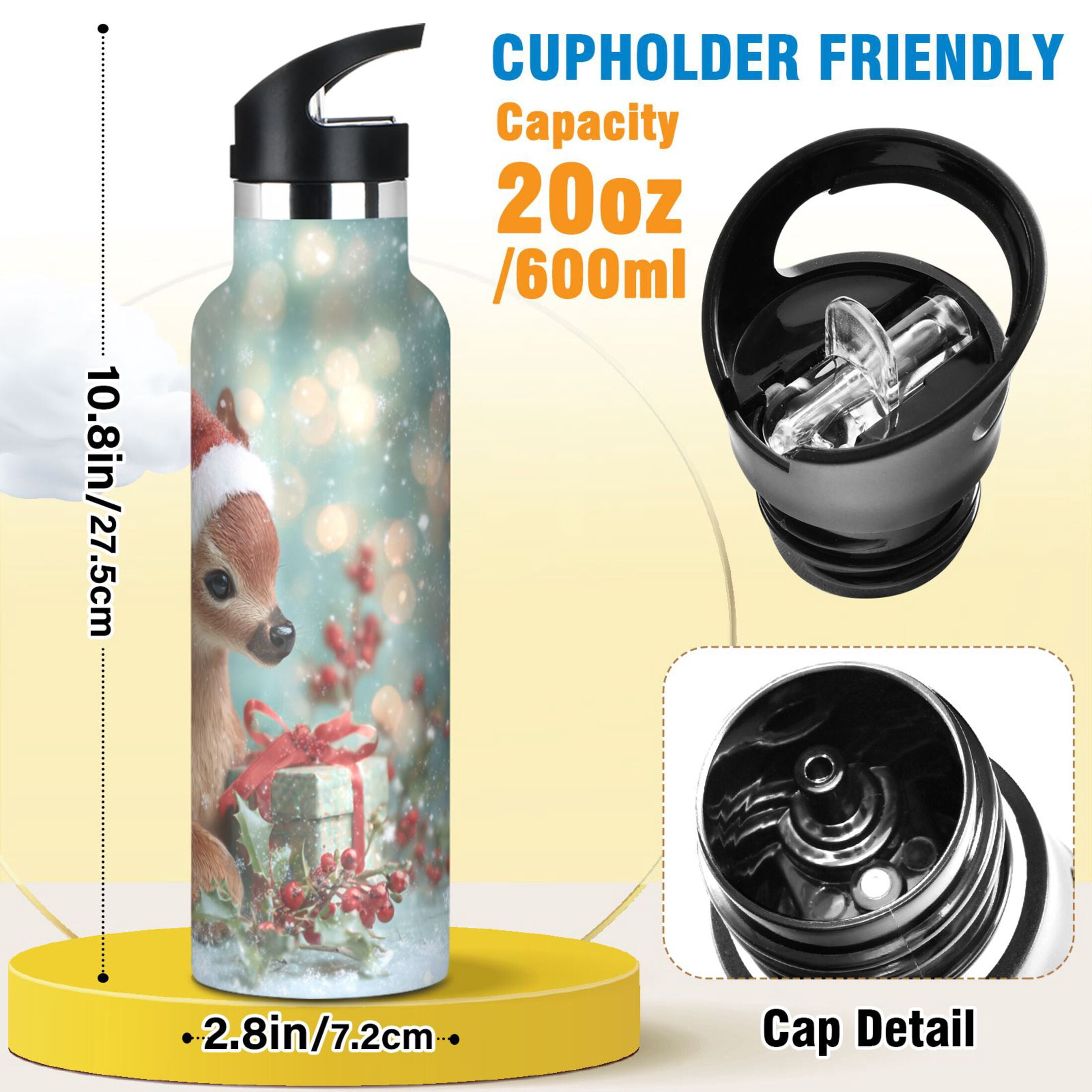 600ML Stainless Steel Insulated Cup Sports Water Bottle Portable Thermos Cup Water Glasses Insulated Tumblers Convenient and Durable Warm Christmas Deer Cartoon