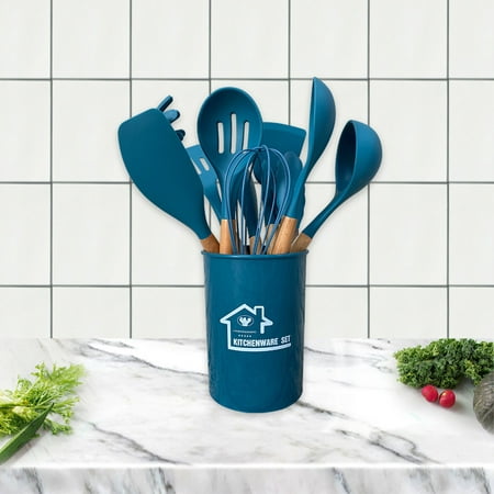 

Homeex Wooden Handle Silicone Kitchenware Set Nonstick Cooking Spoon Shovel Dark Blue Suit enlarged storage bucket