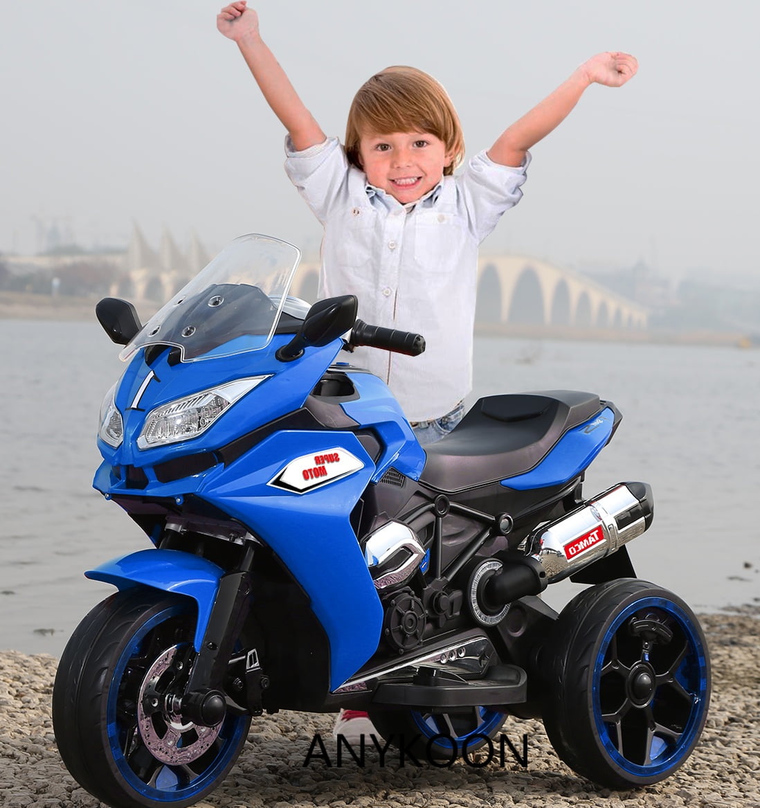 Anykoon 12V Kids Electric Ride On Motorcycle with 3 Light-Up Wheels, Bluetooth Music & LED Lights, Battery Powered Ride On Toy for Ages 3-8, Blue