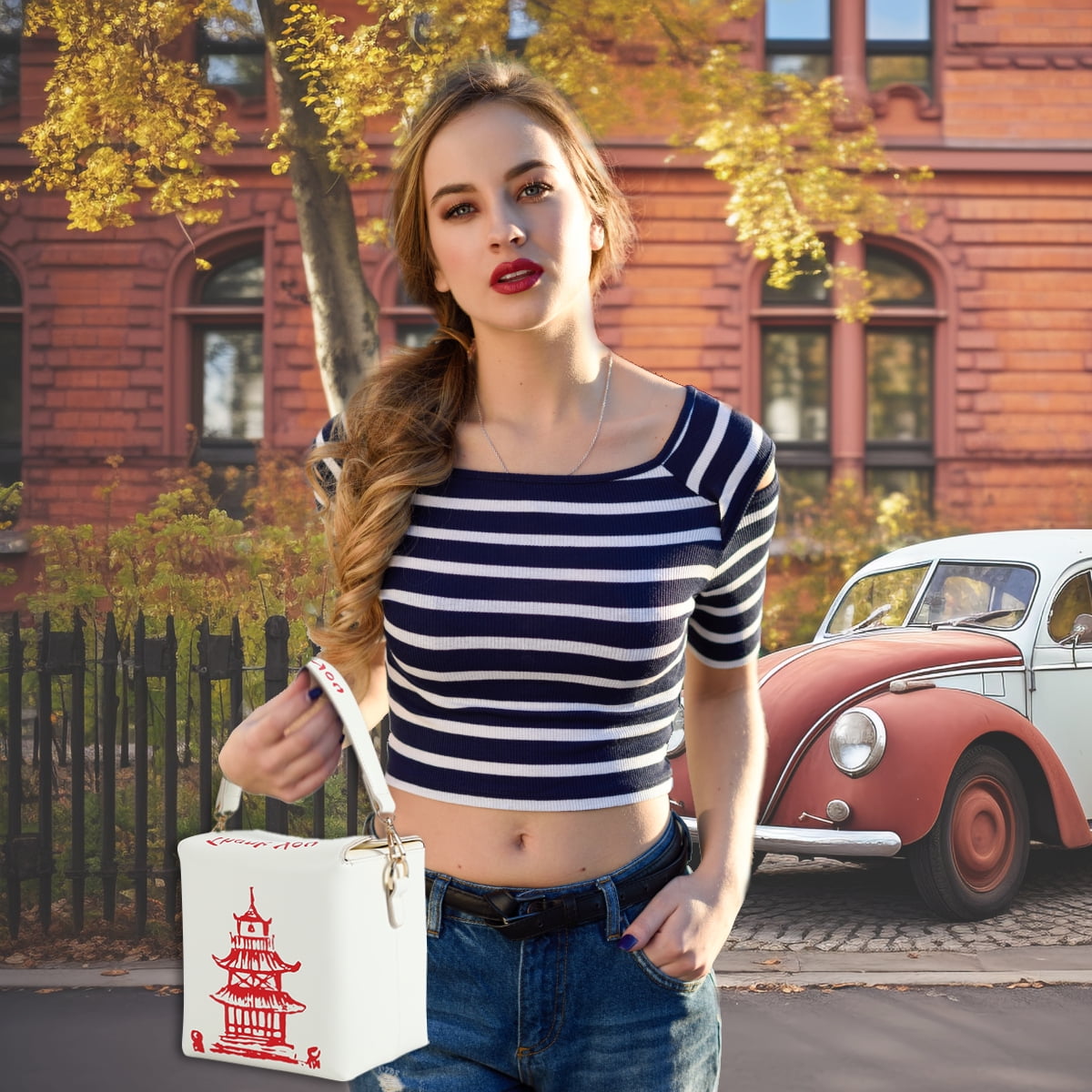 Chinese Takeout Box Bag Totes Crossbody Bags for Women Trendy Crossbody Purse with 2 Chain Straps