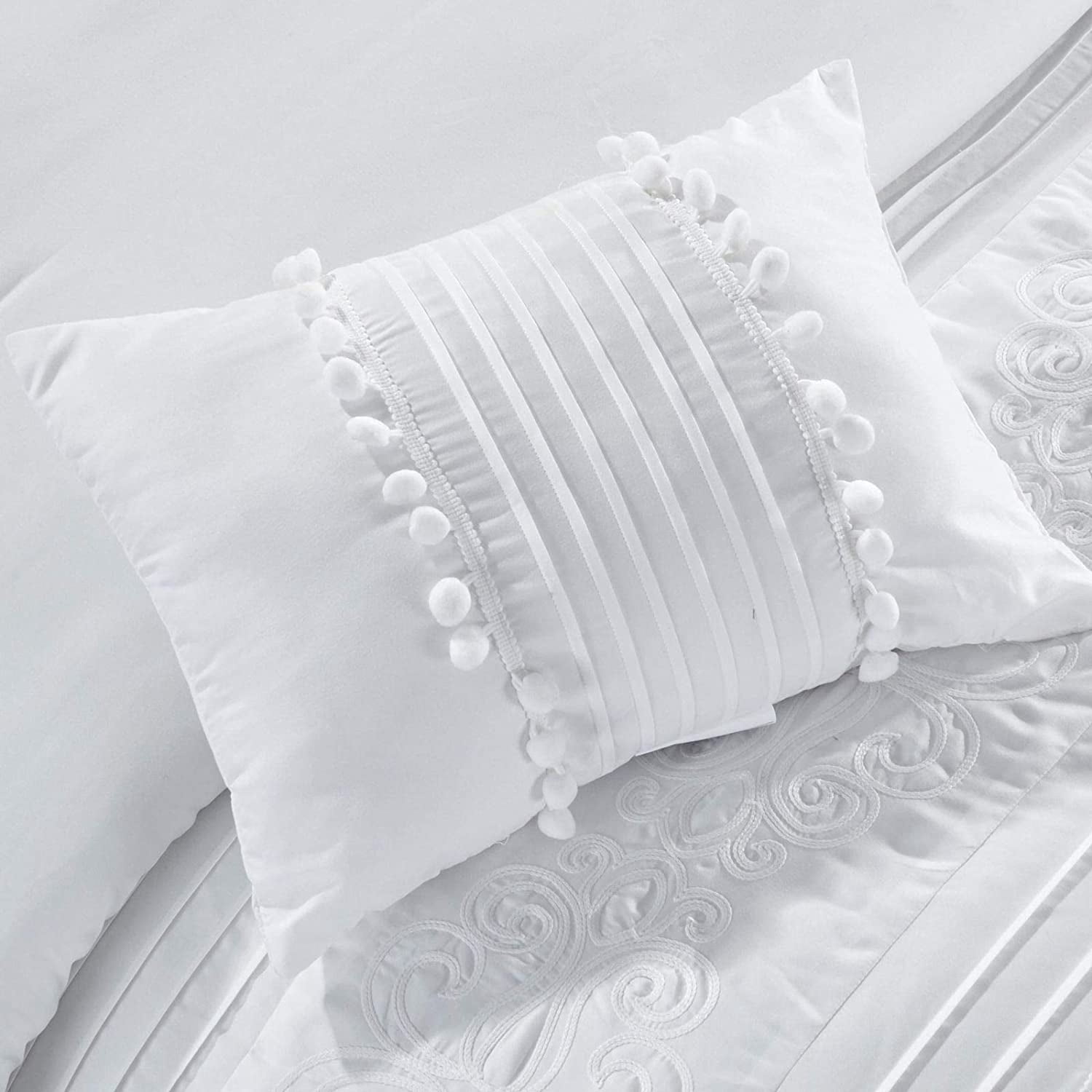 Chezmoi Collection 7-Piece Graceful White Floral Chenille Pom Pom Embroidery Comforter Set, Full