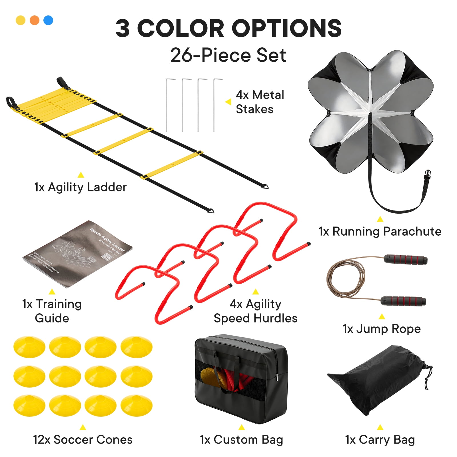CONCETTA Agility Ladder Training Set with Speed Parachute, Hurdles, Cones, Jump Rope, Athletic Speed & Coordination Workouts Equipment, Yellow