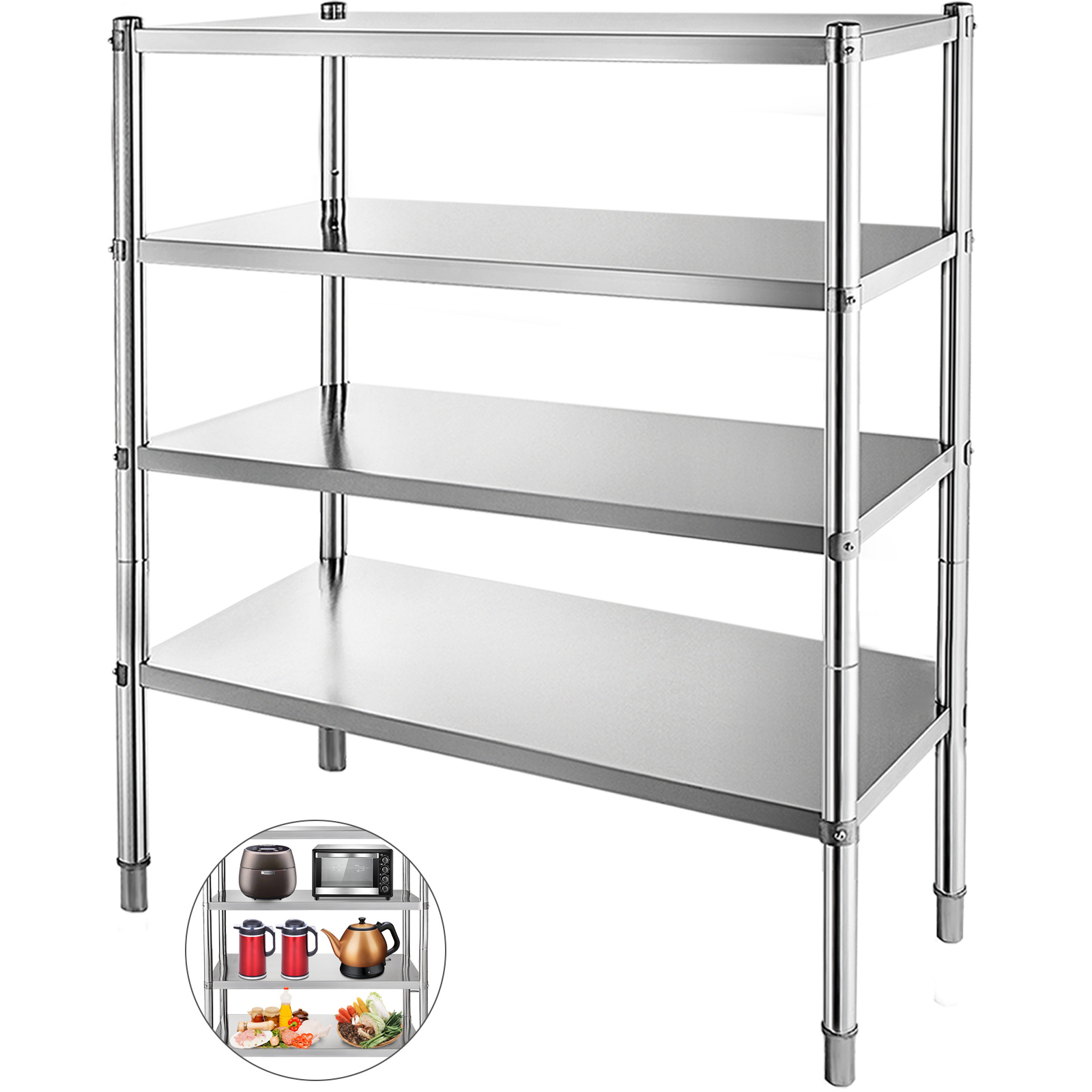 VEVOR Stainless Steel Kitchen Shelving Adjustable Shelf Storage Heavy Duty Shelving for Kitchen Commercial Office - 4-Tier(46in)