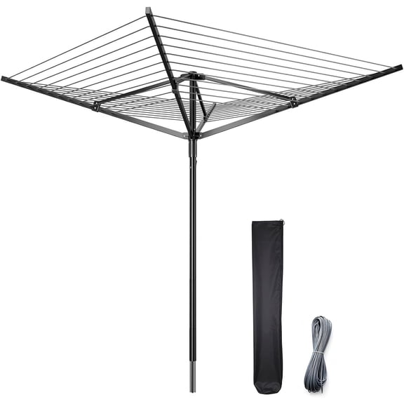 4-Arm Umbrella Clothes Drying Rack, 164 FT Rotary Outdoor Clothesline, Height Adjustable Foldable Laundry Dryer with Ground Spike & Waterproof Protective Cover for Backyard Patio Garden