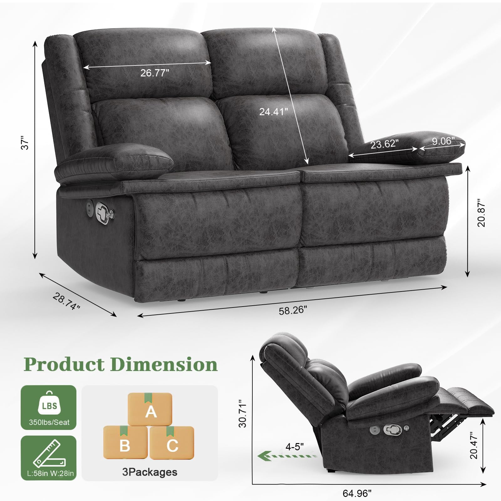 LOBERFVE Loveseat Recliner,  Double Reclining Sofa with Mobile Phone Holder and USB Port, 2 Seater Recliner Chair for Living Room, Home Theater, RV, Gray