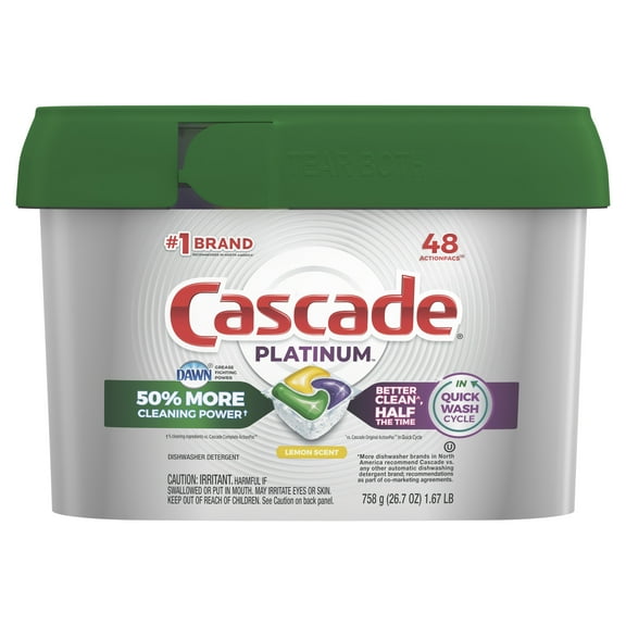 Cascade Platinum ActionPacs Dishwasher Detergent, Lemon Scent, 48 Count