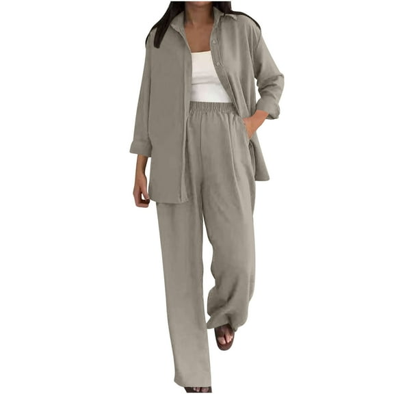 Efsteb Women's Cotton Linen Two Piece Outfits Long Sleeve Loose Button Lapel Shirt and Wide Leg Pants 2 Piece Outfits with Pockets (Khaki,S)