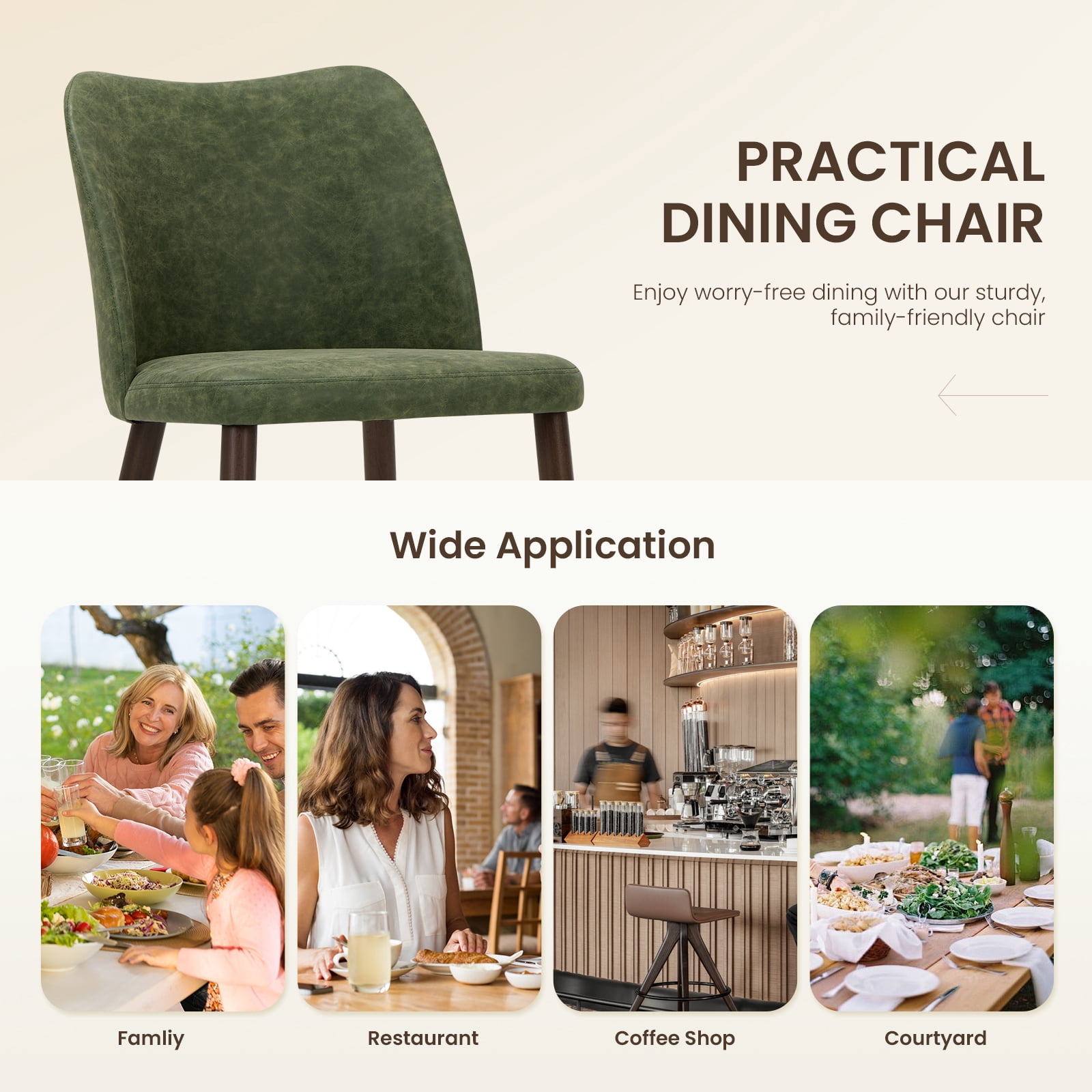 EOP Upholstered Dining Chairs Set of 2, Mid Century Modern Dining Room Chairs, Fabric Farmhouse Dining Side Chairs with Wood Legs, Armless Kitchen Chairs with Wingback, Green