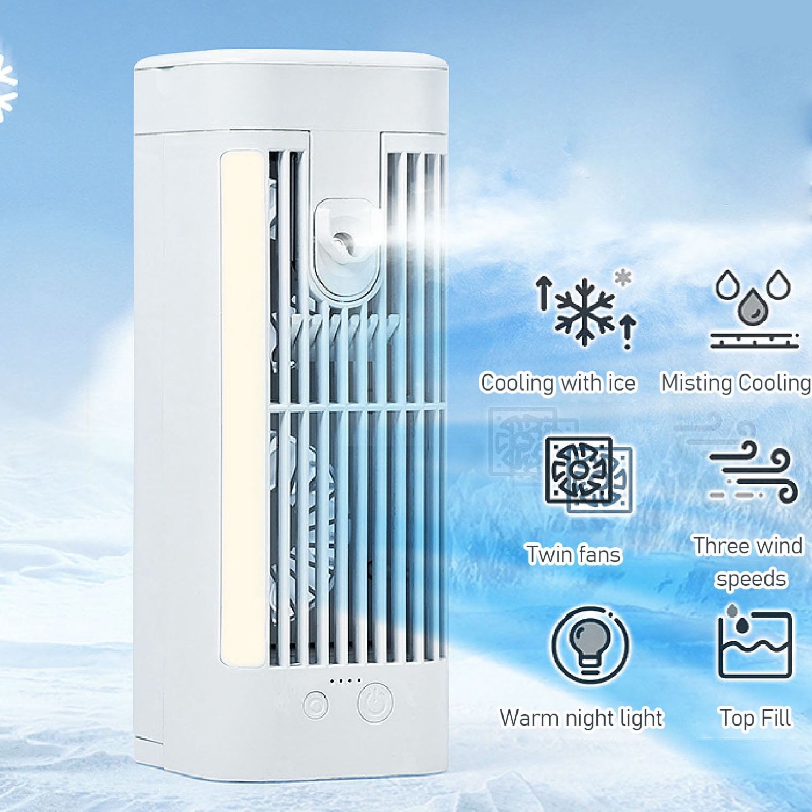YAHHU Portable Air Conditioner with Light USB Plug 3 Speed Dual Fans Mini Air Cooler 120mL Water Tank Desktop Fan (8.7 inches / 22.1 cm)