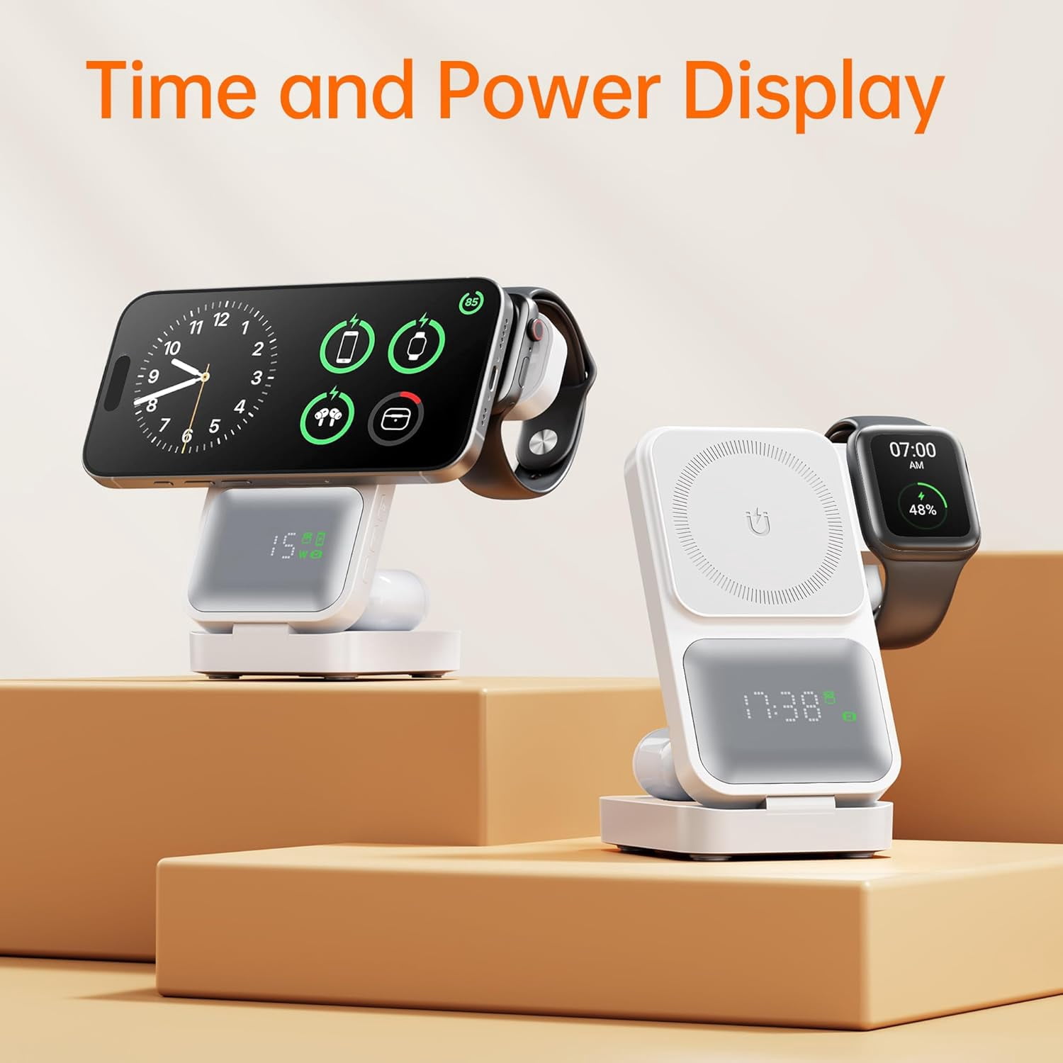 MagTime 4-in-1 Charging Station, Foldable Wireless Charger Stand with Real-Time Power and Time Display, Compatible with iPhone 16/15/14/13 Series, Apple Watch 9, and AirPods (White)