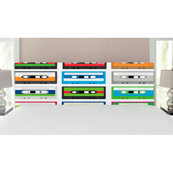 90s Headboard, Composition of Retro Plastic Audio Cassettes Tapes Old Technology Entertainment Theme, Upholstered Decorative Metal Bed Headboard with Memory Foam, King Size, Green Blue, by Ambesonne