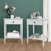 JIRTEMOT Set of 2 Square Wood End Table with 1 Drawer, 2-Tier Storage Shelf, Painted in White