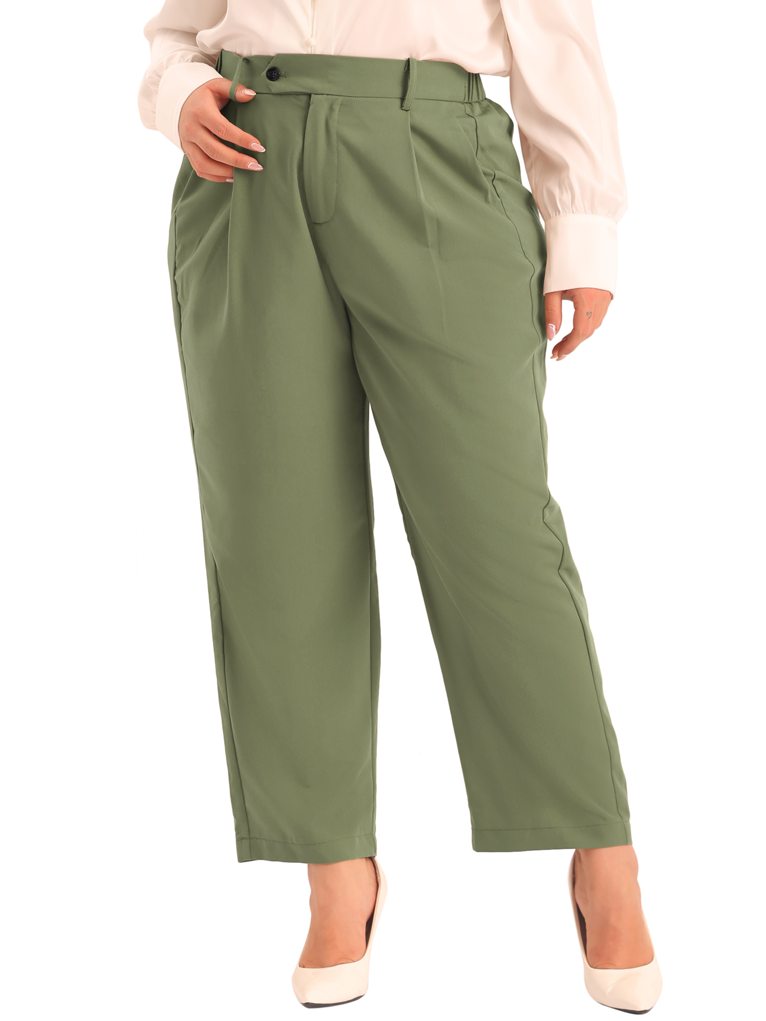DARING DIVA Women's Plus Elastic High Waisted Long Straight Pants 2X Army Green