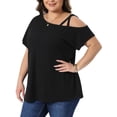 thumbnail image 4 of Agnes Orinda Women's Plus Size Top Boat Neck Criss Cross Off One Shoulder Short Sleeve T-Shirts Summer Casual Knit Blouses 1X Black, 4 of 6