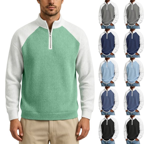 Mens Casual Sweatshirts Color Block Waffle Knit Sweater Loose Casual Half-Zip Stand Collar Long Sleeve Shirt Pullover Sizes S-5XL