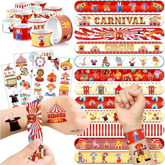 60 PCS Carnival Party Favors Set - 36 Temporary Tattoos & 24 Slap Bracelets for Kids, Perfect for Circus-Themed Party Decorations, Classroom Rewards and Carnival Birthday Supplies