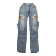 thumbnail image 3 of Jeans for Women 2025 Y2K Ripped Distressed High Waisted Rhinestone Cargo Denim Jean Pants Womens Jeans Trousers, 3 of 5