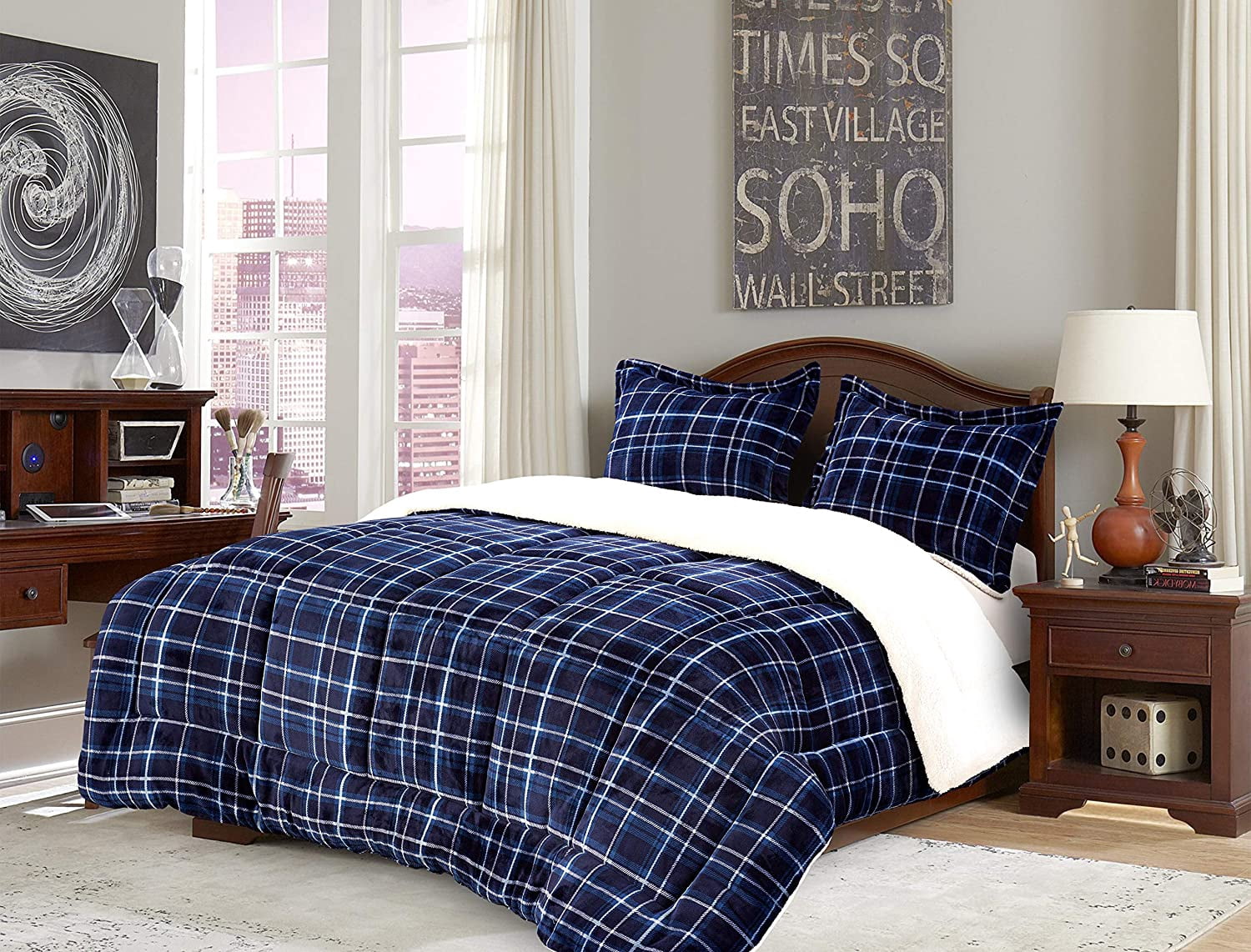 Elegant Comfort Soft & Plush Sherpa Comforter- Lilith Plaid Collection, 2-Piece Bed Set, High Quality, Reversible Down Alternative Micro-Suede, Plaid Sherpa Comforter, Twin, Ocean Navy