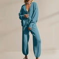 thumbnail image 2 of Womens 2 Piece Outfits Knit Sweater Sets Oversized Button Down Cardigan Pants Loungewear Solid Color Lounge Suit (Blue L), 2 of 6