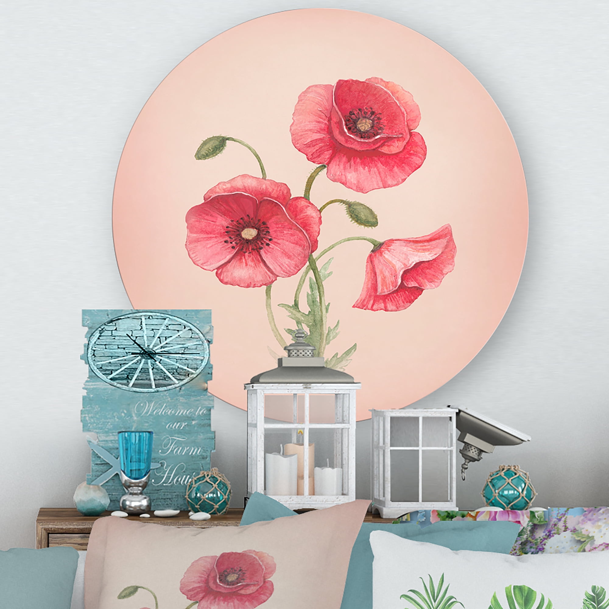 Designart 'Poppy Retro Flowers' Vintage Circle Metal Wall Art 11x11 - Disc of 11
